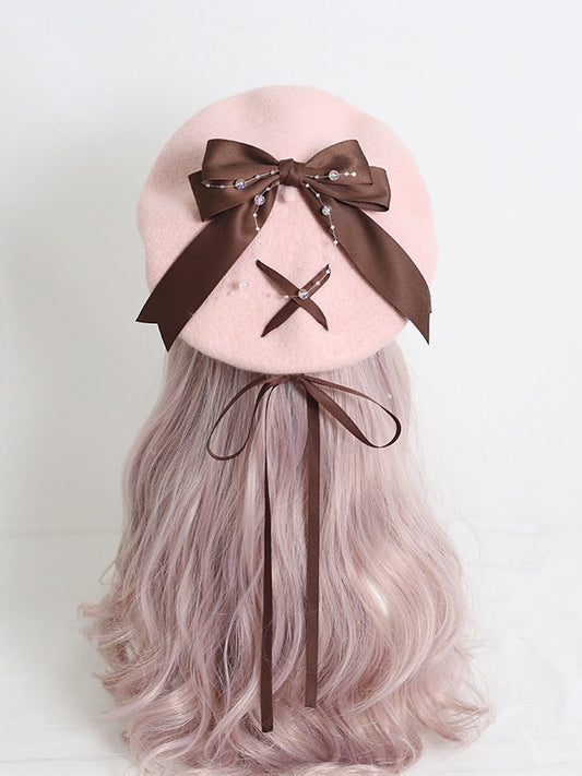 Lolita Beret Ribbon Pink 4-Color Sweet Bowknot Optional With