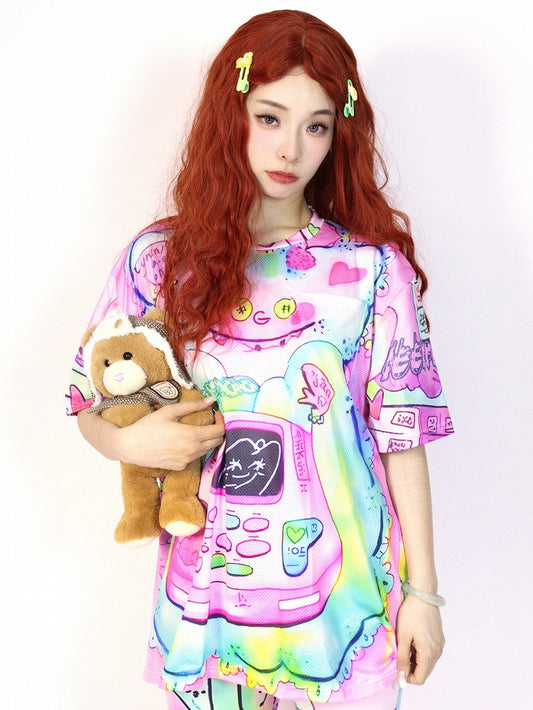 Colorful Y2K Sleeve Short Cartoon Print T-Shirt