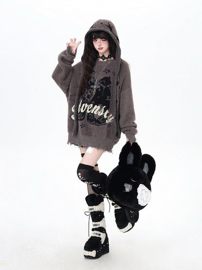 Vintage Lettered Plush Sweater with Distress Trim and Detachable Hood Red/Dark Brown