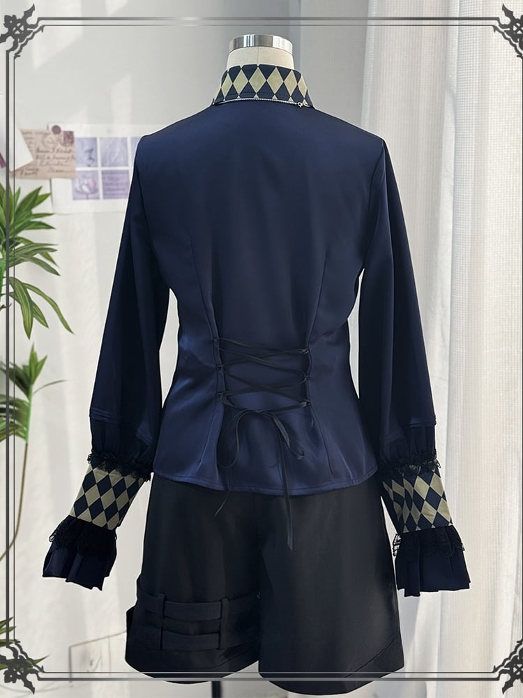 カフス ロリータ スリーブ ロイヤルブルー サーカス プリント カラー 王子 ロング バイブス シャツ チェッカーボード