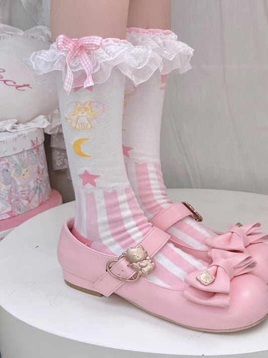 Pink Sweet Lolita Kitty Star Moon Bowknot Lace Trim Striped Pattern Calf Socks
