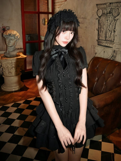 Gothic Layered Ruffle Lolita Dress in Black with Stand Collar & Cinched Waist, Short Sleeve - muggle studio