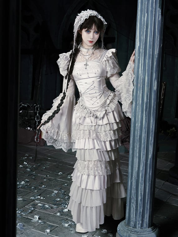 Patched Bell Silver Neckline Blouse Lace Sleeves Gothic