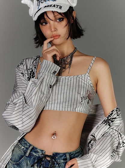 Cami Top Streifen Graffiti Distressed Weiß Schwarz Cropped