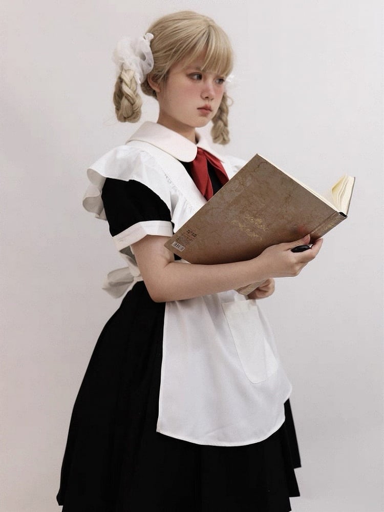 Black Collar Sleeves with Dress Lolita Red Short White Bow Pleated Tie and Maid