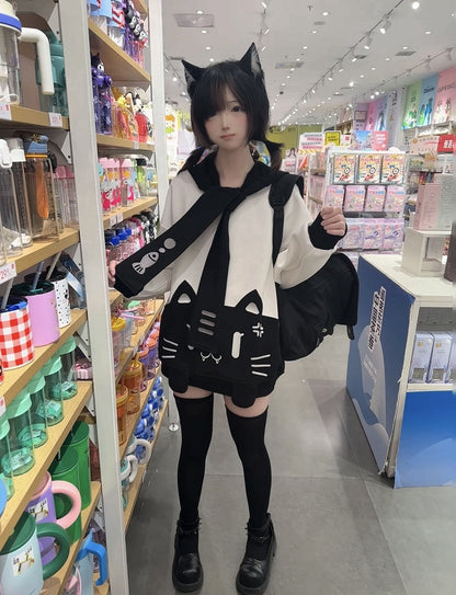 Sweatshirt with Detachable Sailor Collar Black Otaku-Kawaii Grumpy Cat Softgirl White Embroidery and