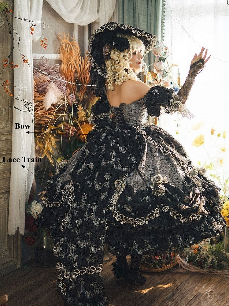 Gray Layered Lace Hanayome Details with Bow Ruffles Lolita Version Gown and Off-Shoulder Hime Black Short