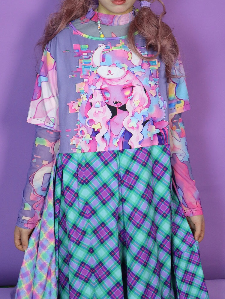 Colorful Y2K Long Print Sleeves Top Sun Semi-sheer Protection Cartoon