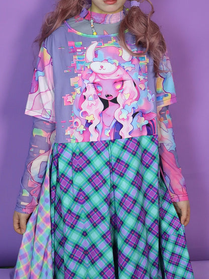 Colorful Y2K Long Print Sleeves Top Sun Semi-sheer Protection Cartoon