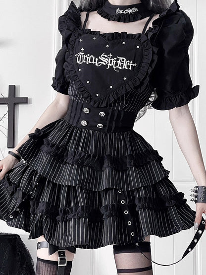 Stripes Dress with Puff Black Sleeve White Patch Gothic Studded Heart Short