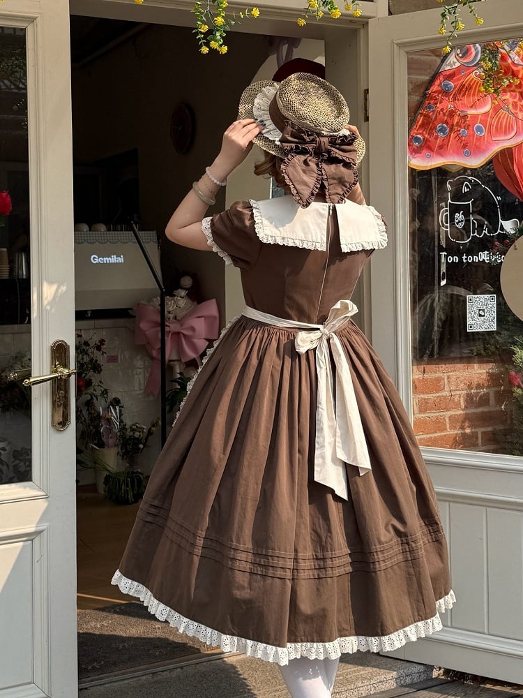 Brown Floral Cotton OP Dress with Detachable Lace Apron