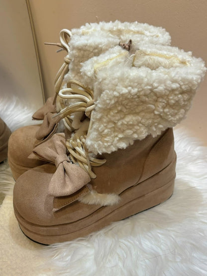 Khaki Bow Accent Fleece Lined Platform Winter Boots