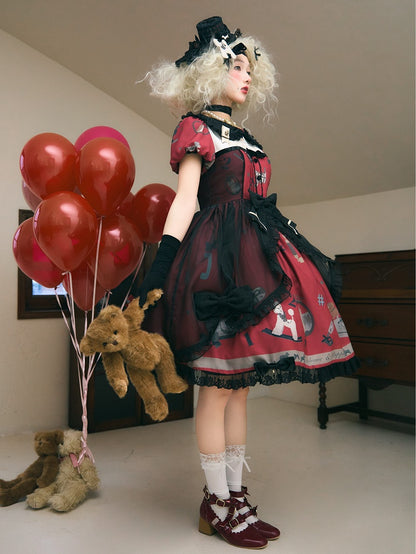 Puppy and Telephone Print Black and Red Peter Pan Collar Sweet Lolita Dress
