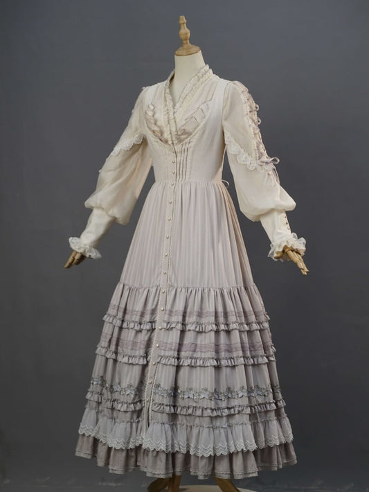 Lily Embroidery Applique Layered Hem Purple Classic Lolita Dress Front Button Placket