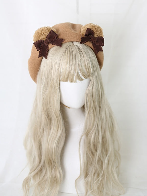 / Ear Detachable Bowknot With Coffee Beret Sweet Lolita Camel Pink Bear