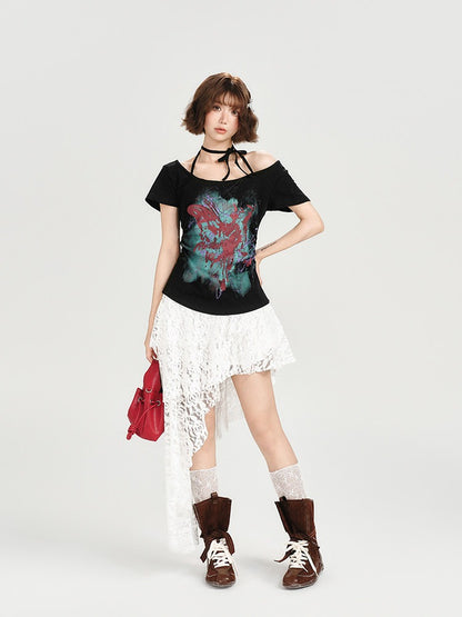 Retro Off-the-shoulder Short Sleeve Top with Halter Neckline Design - Girlyhalo