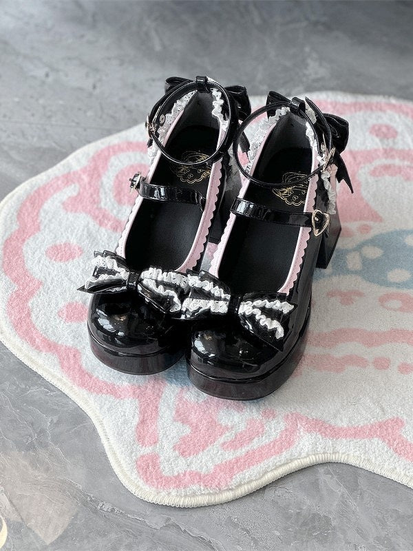 Design Black High Jane Block Heel Lolita Mary Hem with Shoes Elegant Scalloped