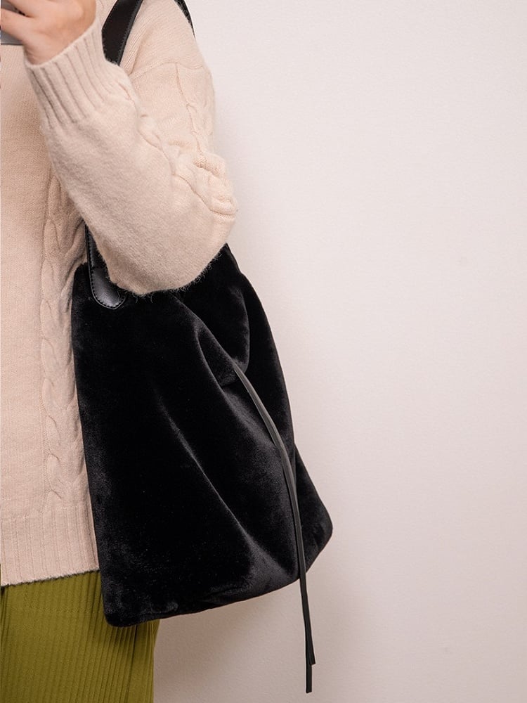 Luxurious Black Plush Shoulder Tote With Drawstring Closure