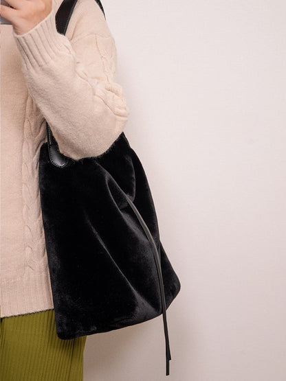 Luxurious Black Plush Shoulder Tote With Drawstring Closure