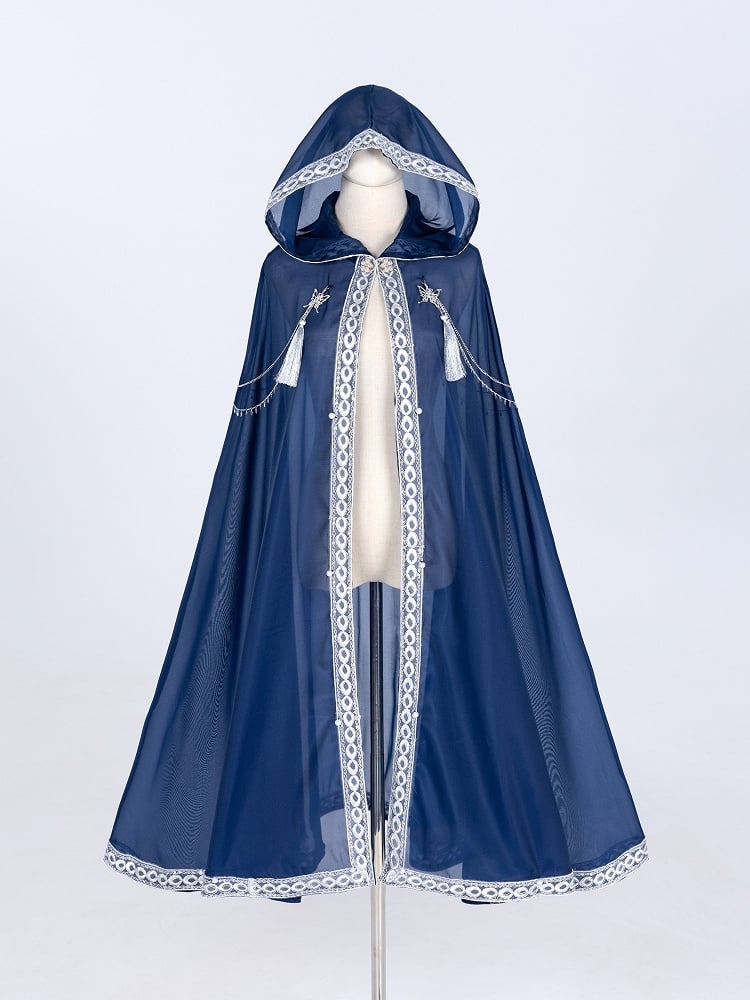 Long Night Dreamy Embroidery Chains Starry Set Blue Cloak with Butterfly + Dress Dark