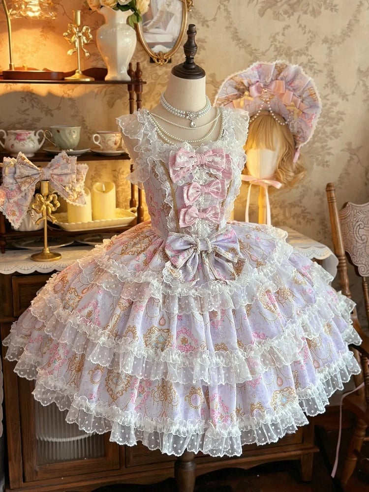 Print Accents Floral Bow JSK Lolita and with Chandelier Crystal Purple