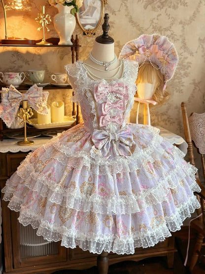Print Accents Floral Bow JSK Lolita and with Chandelier Crystal Purple