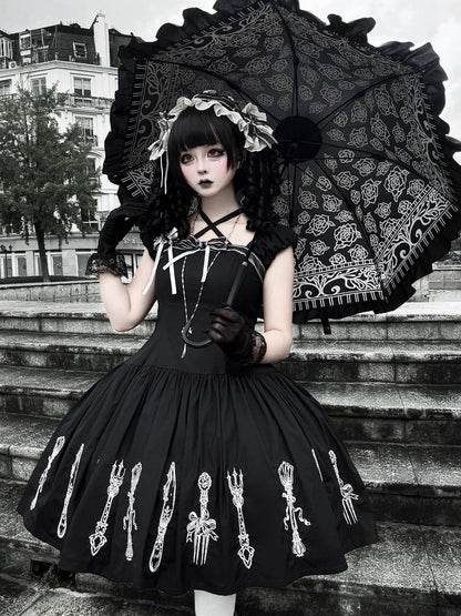 Cutlery Embroidered Short Sleeve Gothic OP Dress in Black with Halter Neckline - Vivian's Diary