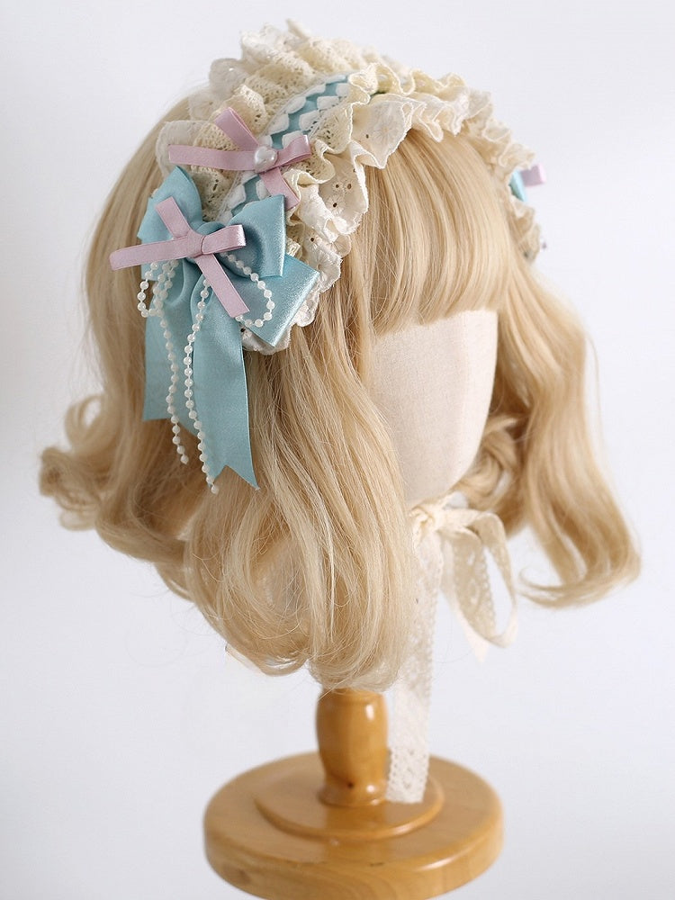 Bowknot Ruffled Beaded Sweet Lolita Hairband Details PinkBlue Decorated