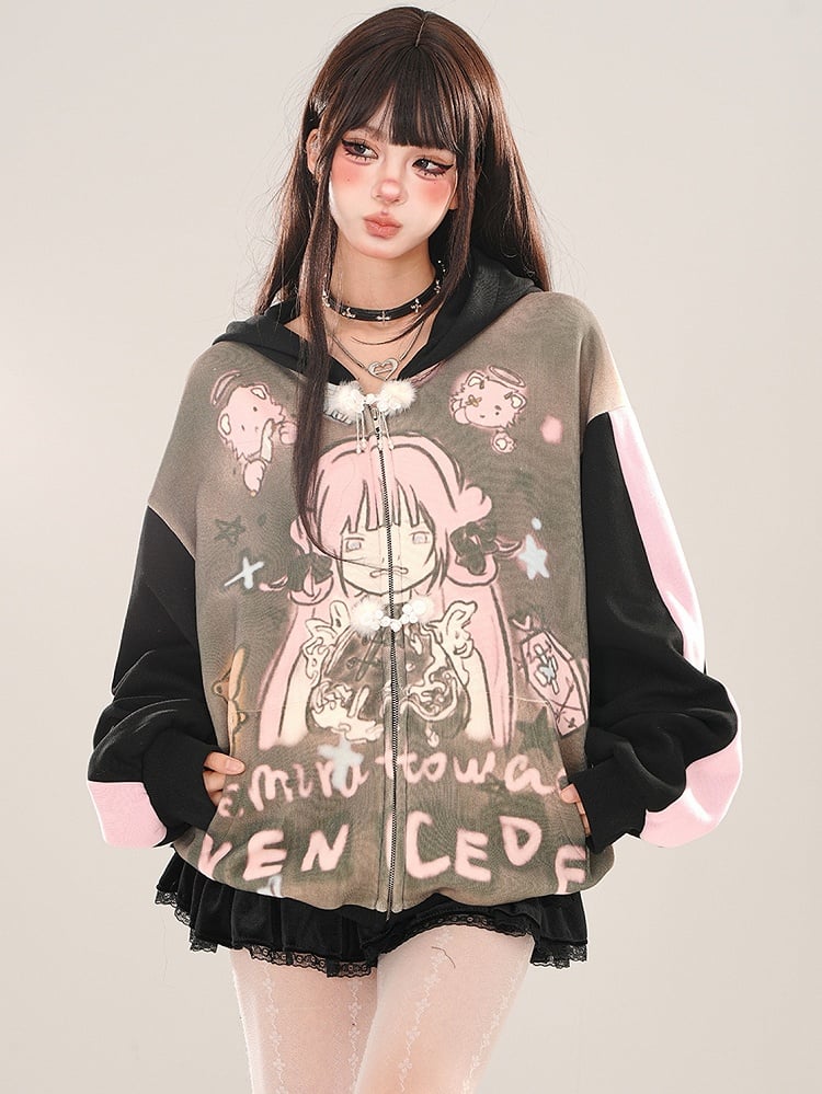 Black Cartoon Girl Colorblock Sleeves Zip Hoodie