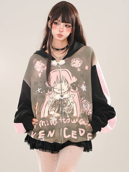 Black Cartoon Girl Colorblock Sleeves Zip Hoodie