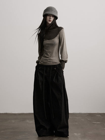 Long-Sleeve Goth with Top Button Design Gray Color-Block Brown Details Urban