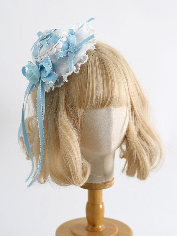 WhiteBlue Design Bowknot Floral Hat with And Heart Sweet Mini Lolita Clips Details