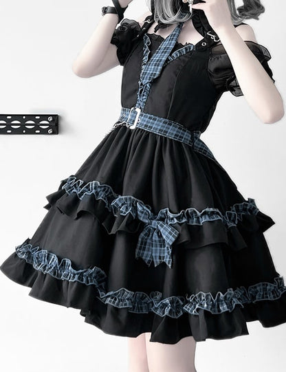 Vollschulter-Set und blau karierter Rock Idol Lolita-Kleid mit gestuftem Ausschnitt in Schwarz