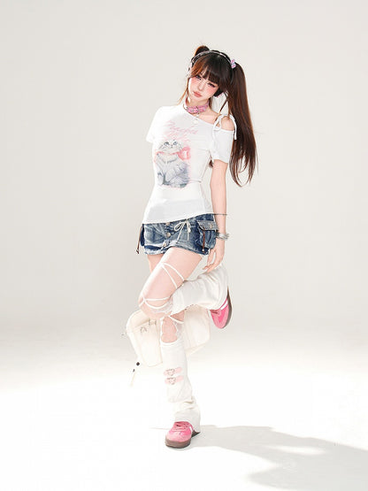 Entzückendes Kätzchen-Print Blau/Weiß T-Shirt Asymmetrischer Ausschnitt Glamourös