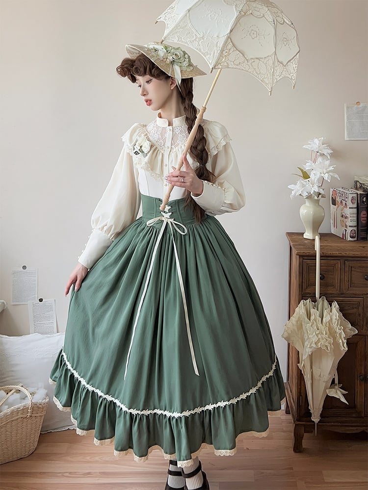 Green Boned High Waist Elegant Classic Lolita Skirt with Lace Trim