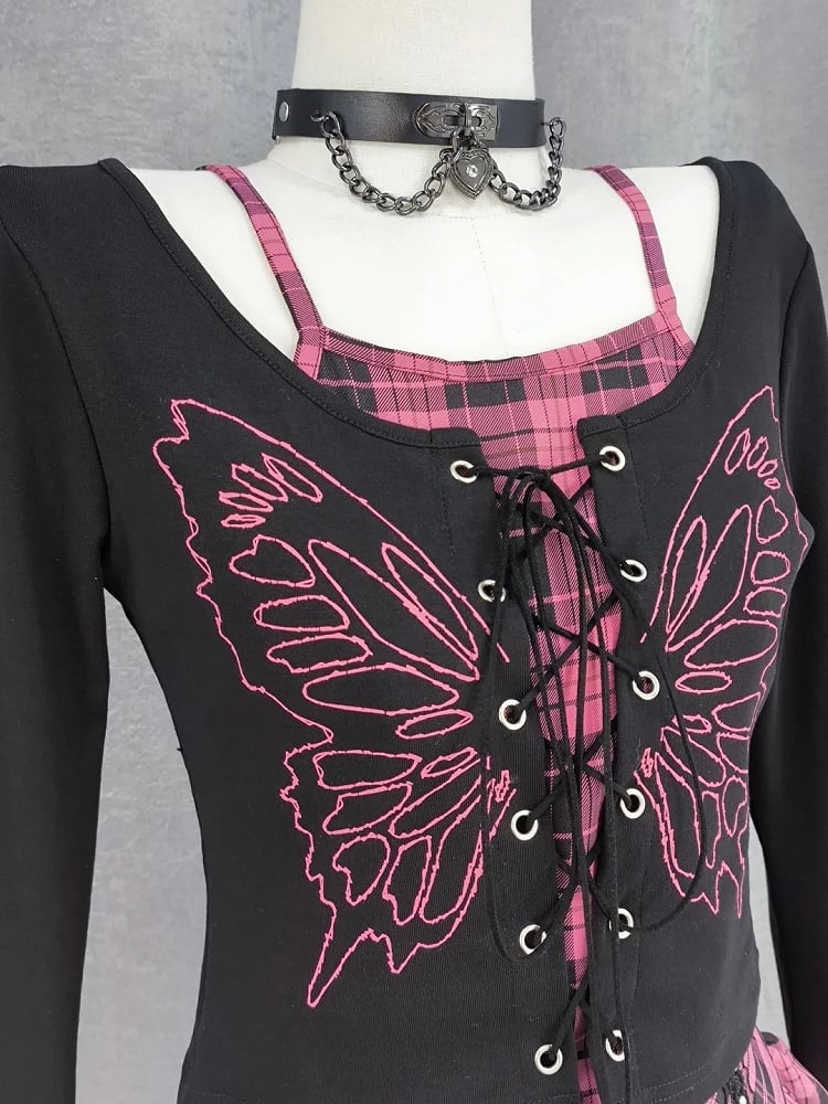 Top Faux Y2K Schnürung vorne Schmetterlingsdruck Schwarz Pink Plaid Zweiteiler und