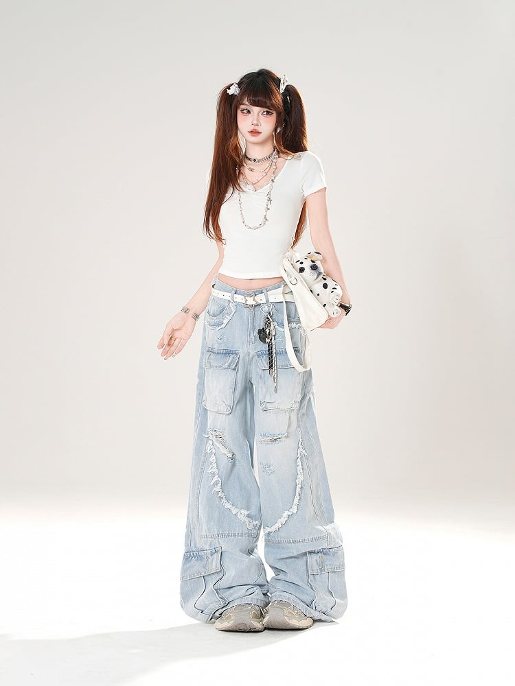 Niedriger Saum, Schwarz/Blaue Leibhöhe, Distressed-Löcher, Raw-Cargohose mit weitem Bein
