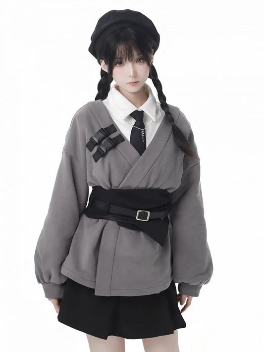 ダークグレーのノッチ付きスウェットシャツ（コルセット付き）