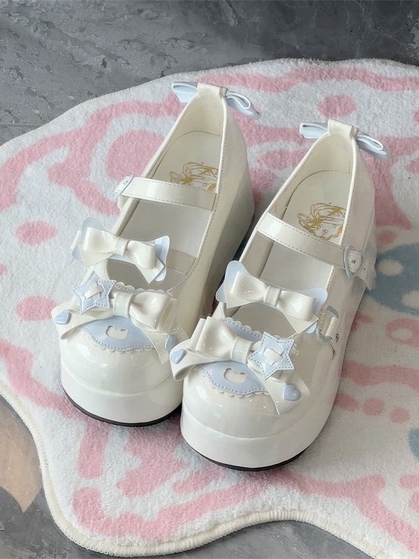 Platform Sweet Heart Blue Decor with Bow Jane Round-Toe Details Shoes White Mary Lolita