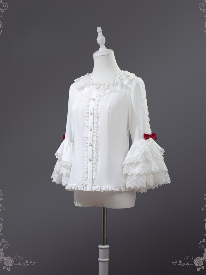 ホワイトレースカラー、レイヤードレース、ベルスリーブのロリータブラウス