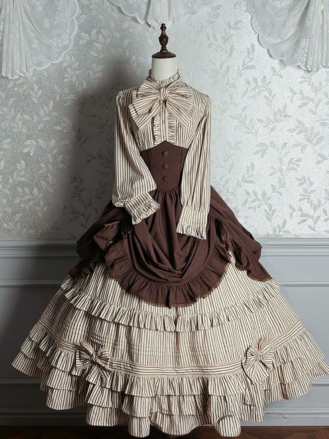 Ruffled Lolita Tie with Brown Bow Blouse Striped