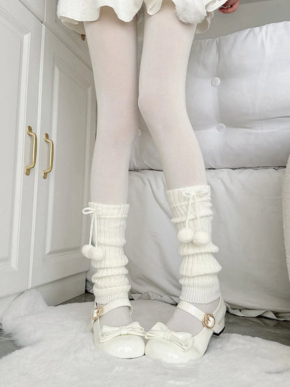 Warmers Bows with Sweet Leg Pom-Pom Ribbed Slouch White Style) (Cozy