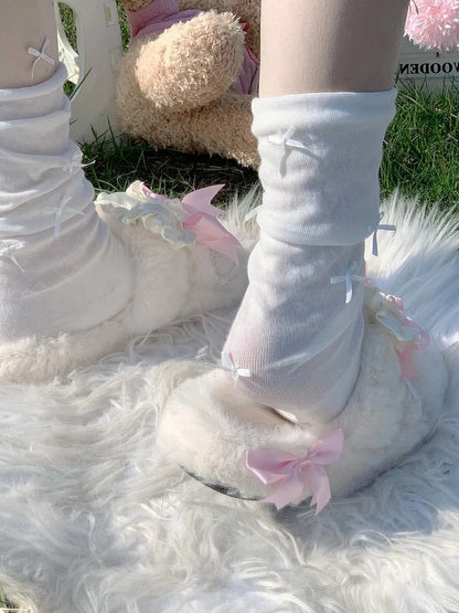 Ruffle - Lace Pink Slippers Bow with 2cm/4cm Platform Knotted Lolita Plush Heart Sweet Winter Trim