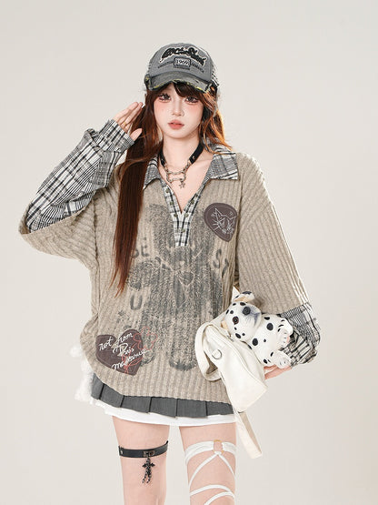 Kariertes Bärentop: Beige-Grau mit Patchwork-Strick-V-Ausschnitt Preppy