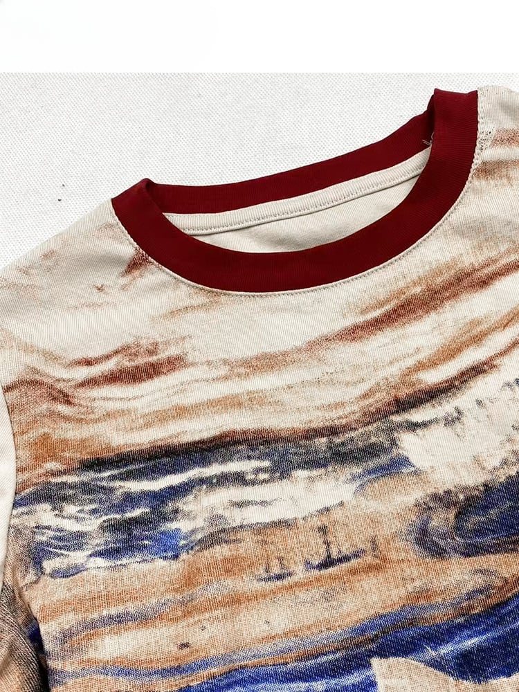 Apricot Round Neck Cat Oil Painting Glamorous Slim-fitting Top