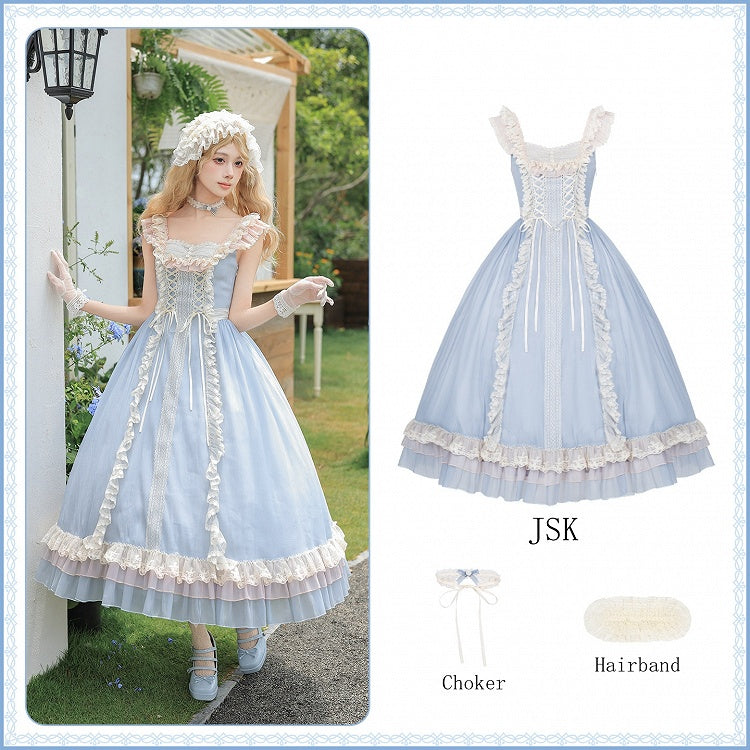 Blue Long Version Flounce Hem Lolita JSK Dress + Choker + Hairband Set - With PUJI