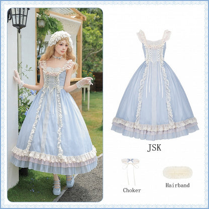 Blue Long Version Flounce Hem Lolita JSK Dress + Choker + Hairband Set - With PUJI