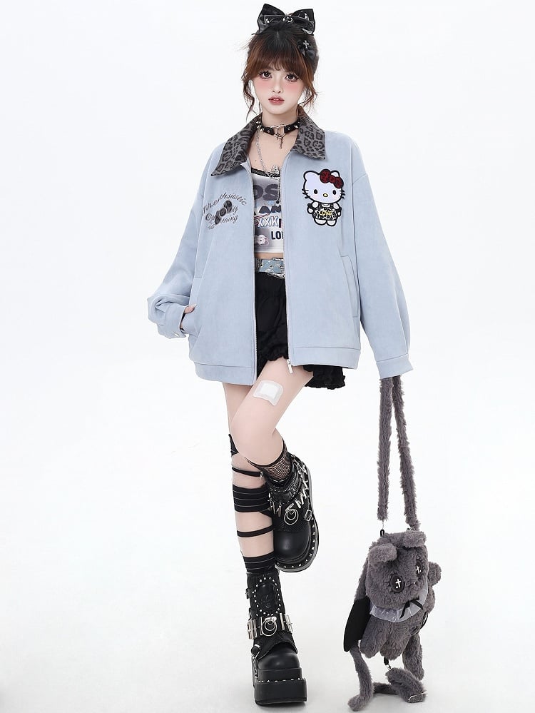 Blue Kitty Leopard Collar Baseball Jacket