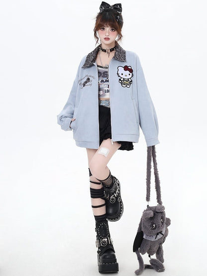 Blue Kitty Leopard Collar Baseball Jacket