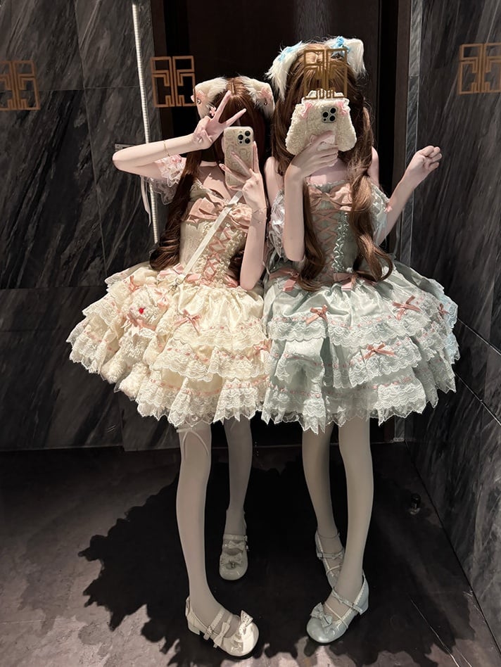 Lace Jacquard with Green Dress Princess Bow Lolita Details Multi-Layered